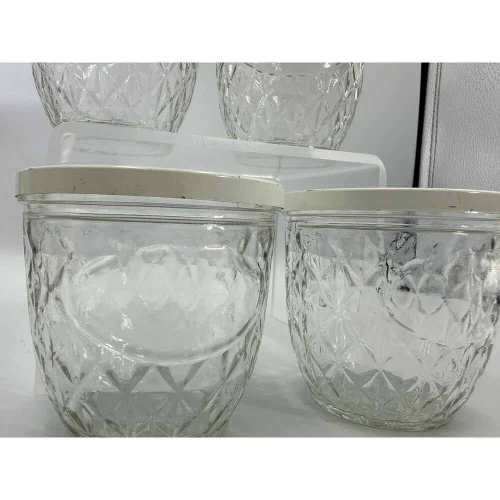 1960's Ball Quilted Glass #810 Jelly Jars White Floral Metal Caps Set 4 MCM